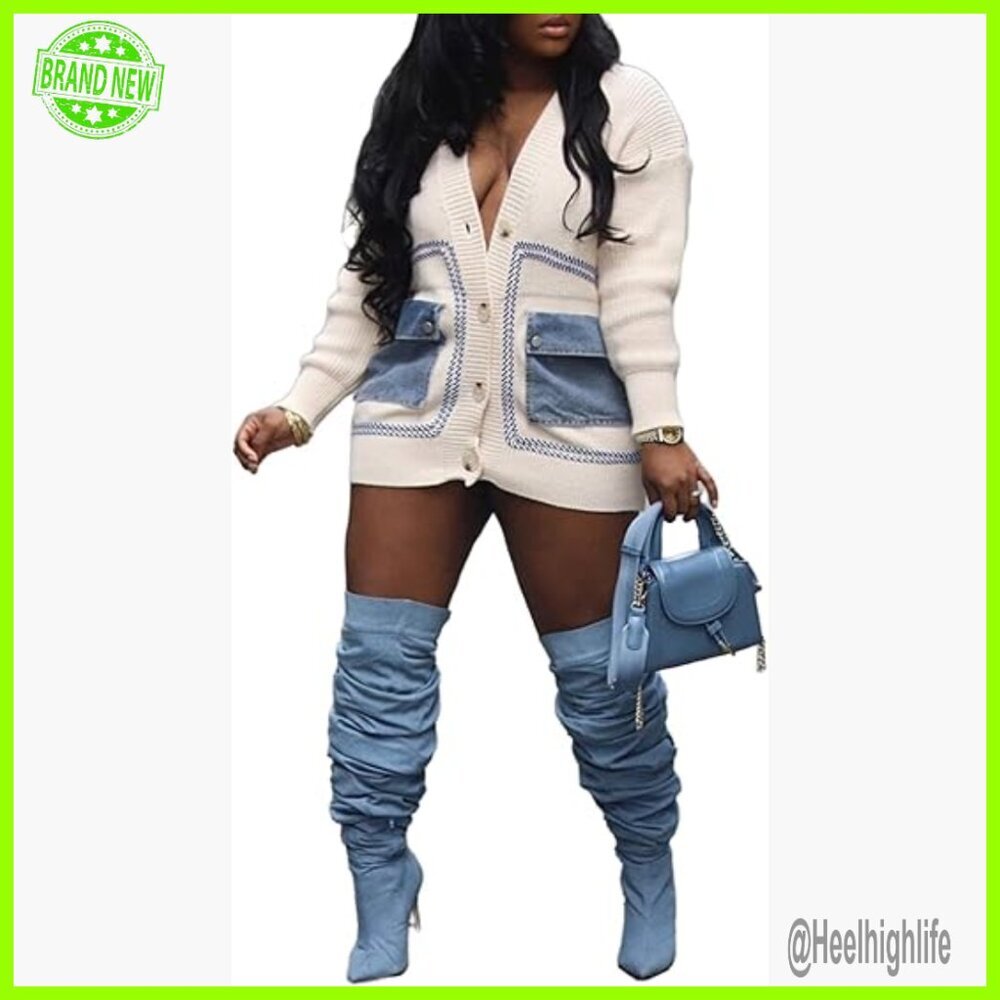 Oversized V-Neck Cardigan with Denim Pockets, Chunky Winter Sweater